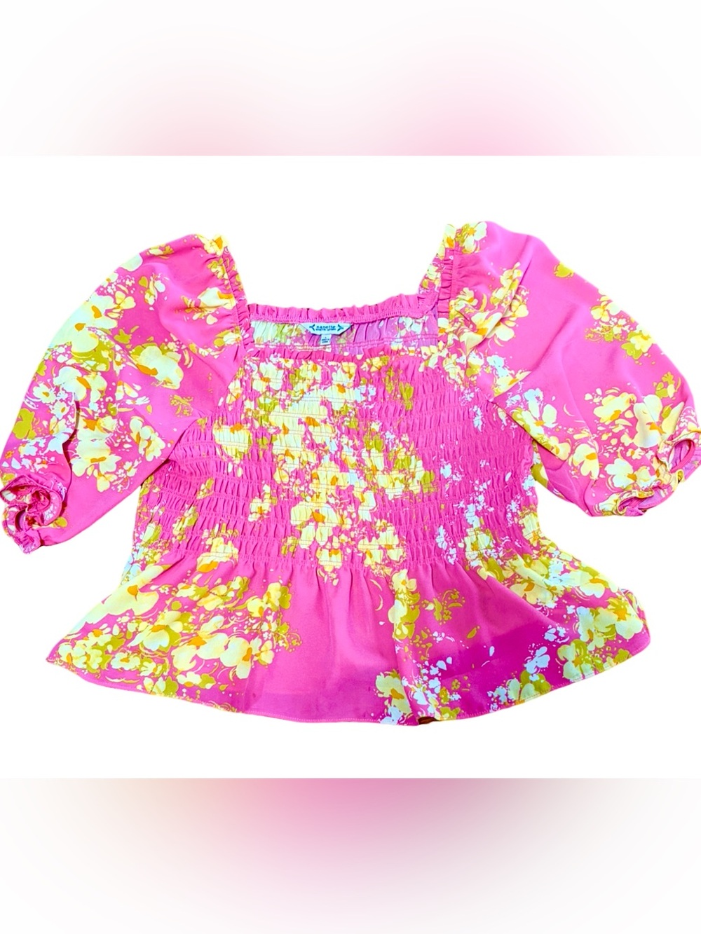 Nanette Lepore Pink Floral Smocked Off Shoulder Puff Sleeve Top L